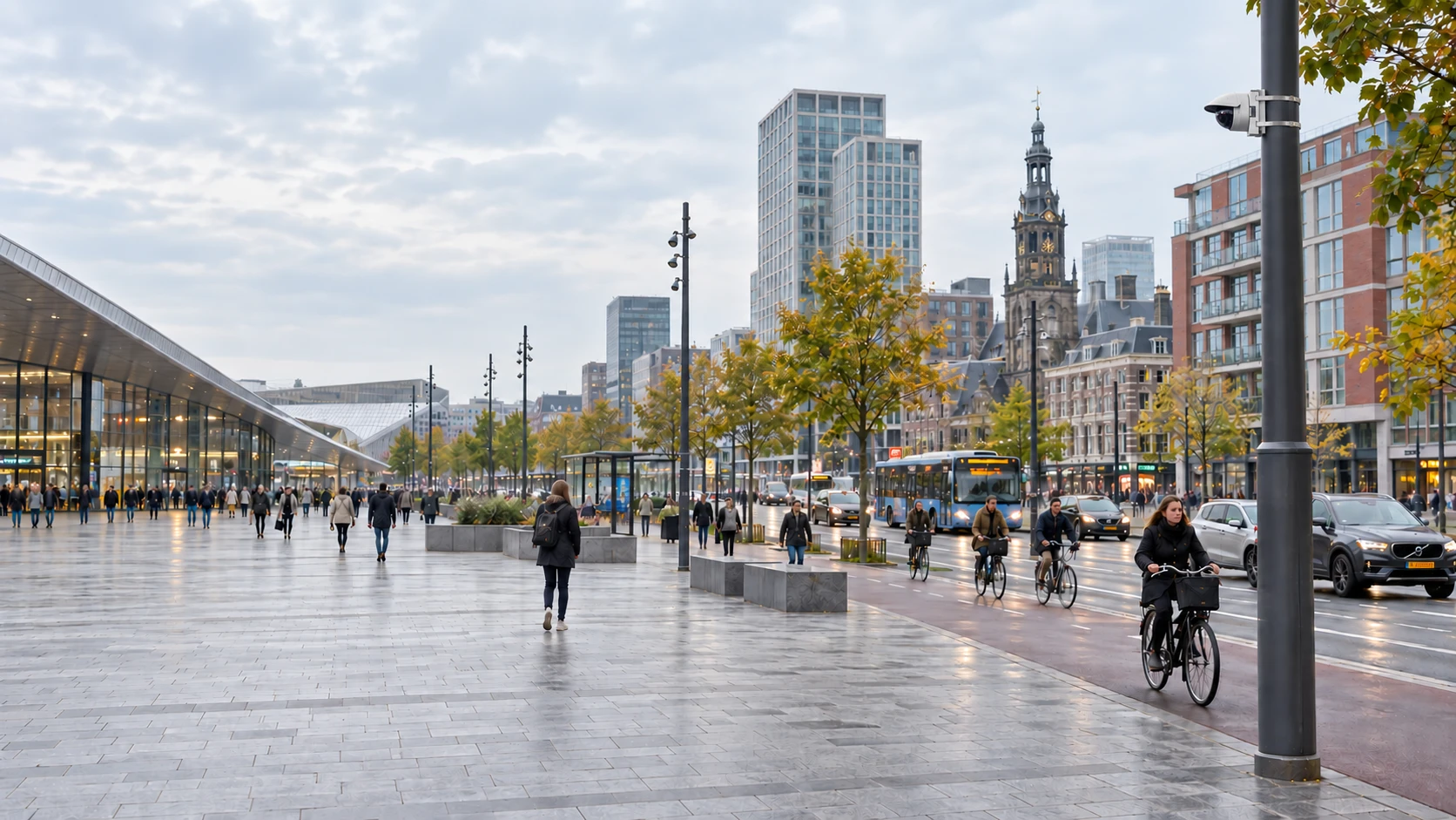Stadsplein met voetgangers, fietsers en een camera aan een lichtmast