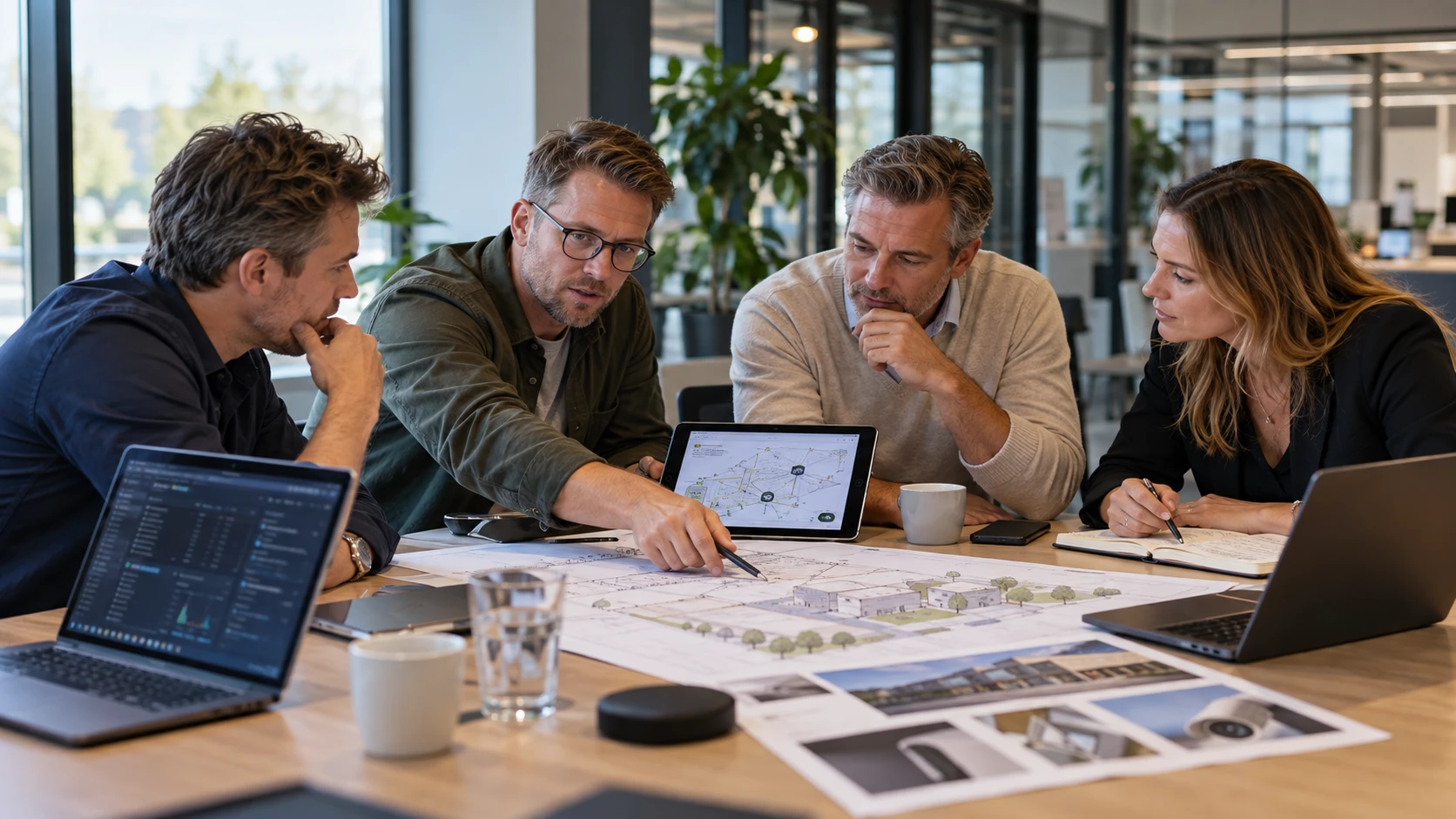 Vier specialisten overleggen aan tafel over een plattegrond en een netwerkschema