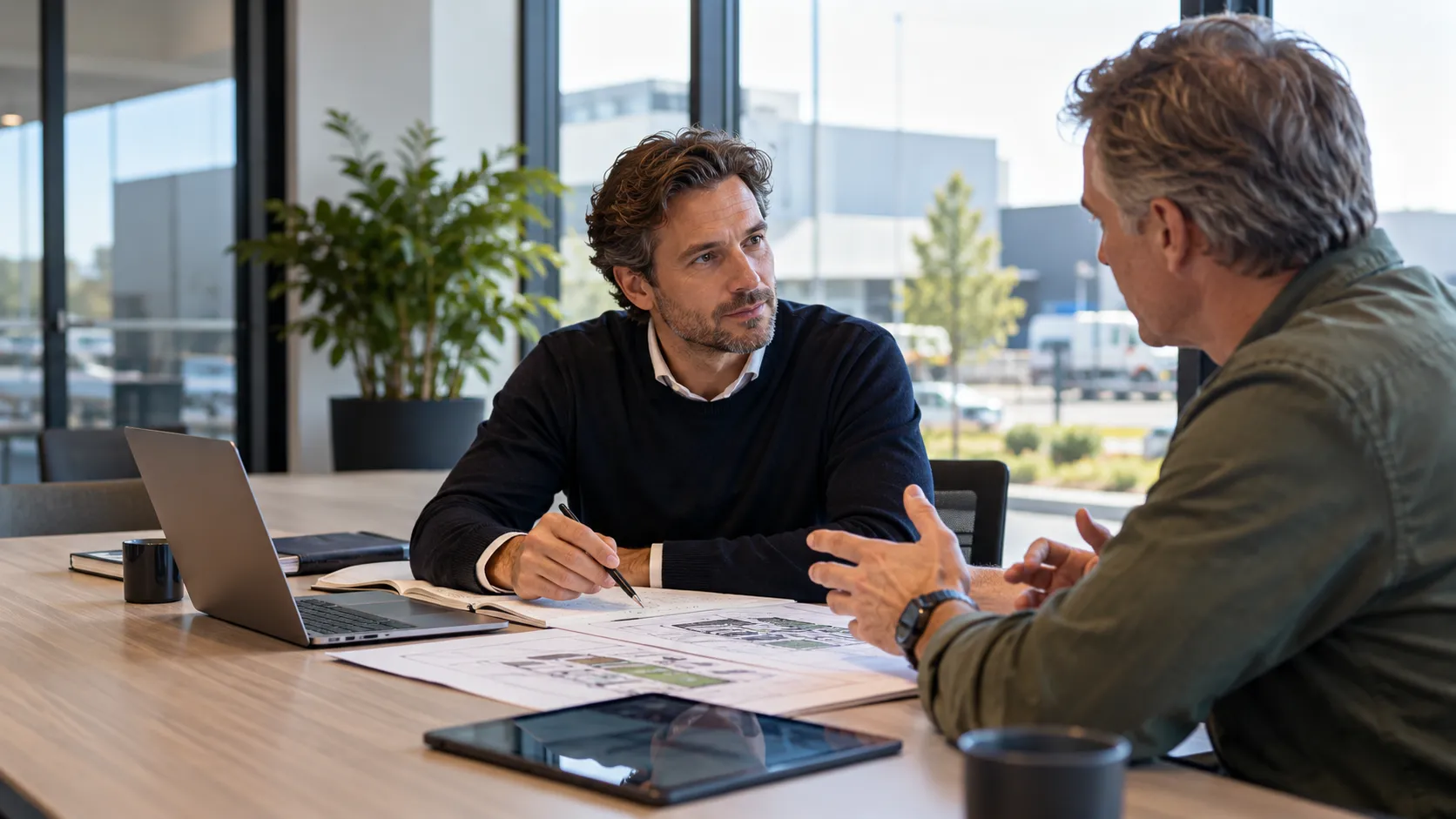 Twee mannen in gesprek aan een vergadertafel met plattegronden en een tablet