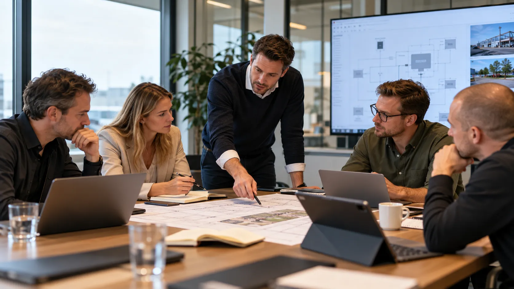 Adviseur licht een netwerkschema toe aan een team rond een vergadertafel