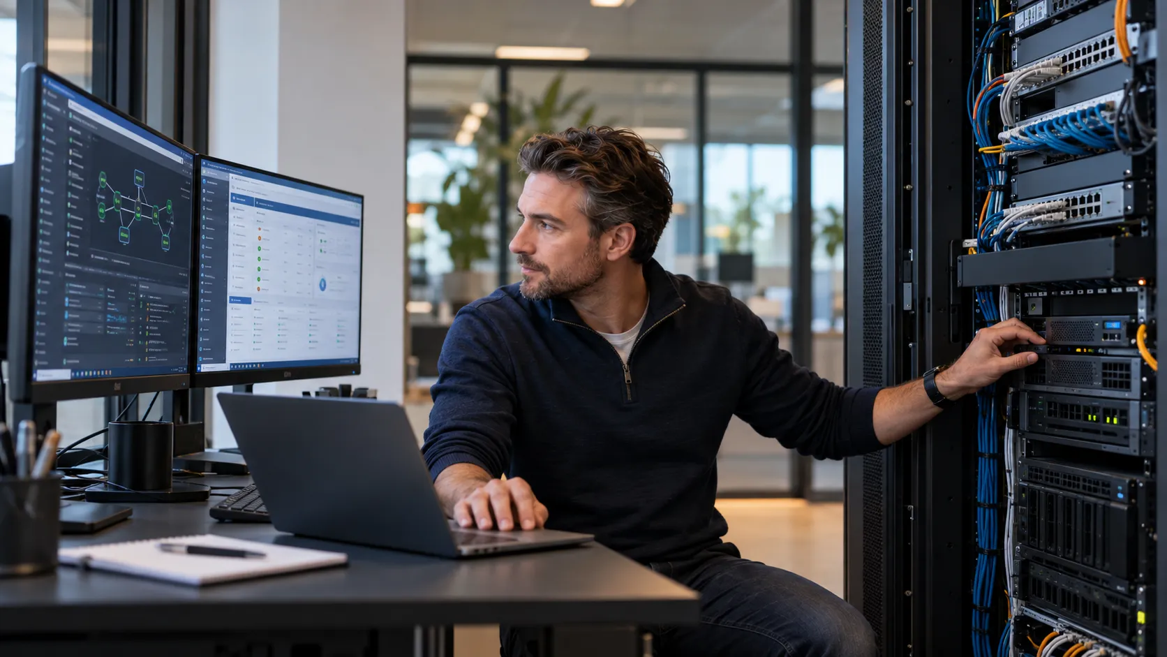 IT-specialist werkt aan een serverrack naast zijn werkplek met monitoren