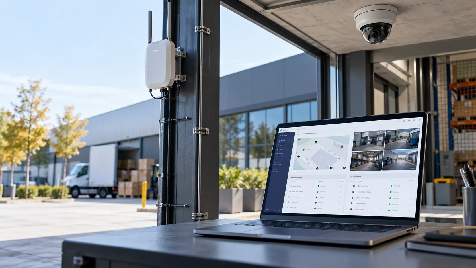 Laptop met een beveiligingsdashboard, met een camera aan het plafond en een accesspoint aan de gevel