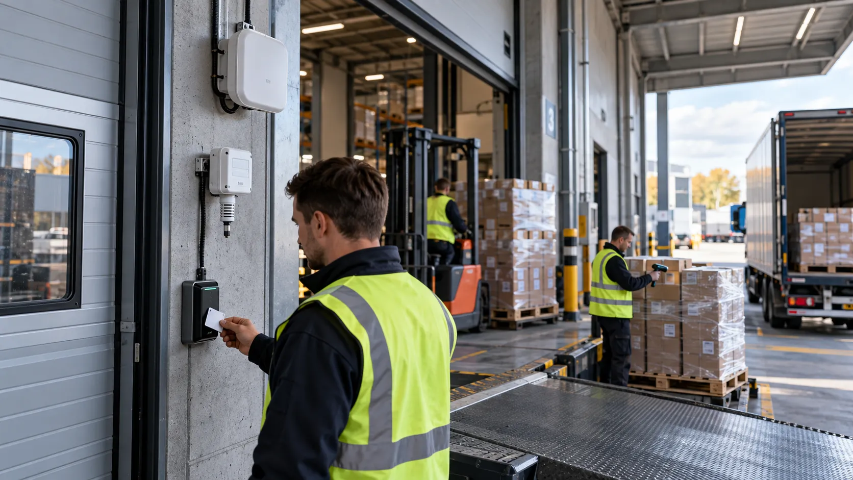 Medewerker in veiligheidshesje meldt zich aan bij een toegangslezer in een logistiek distributiecentrum
