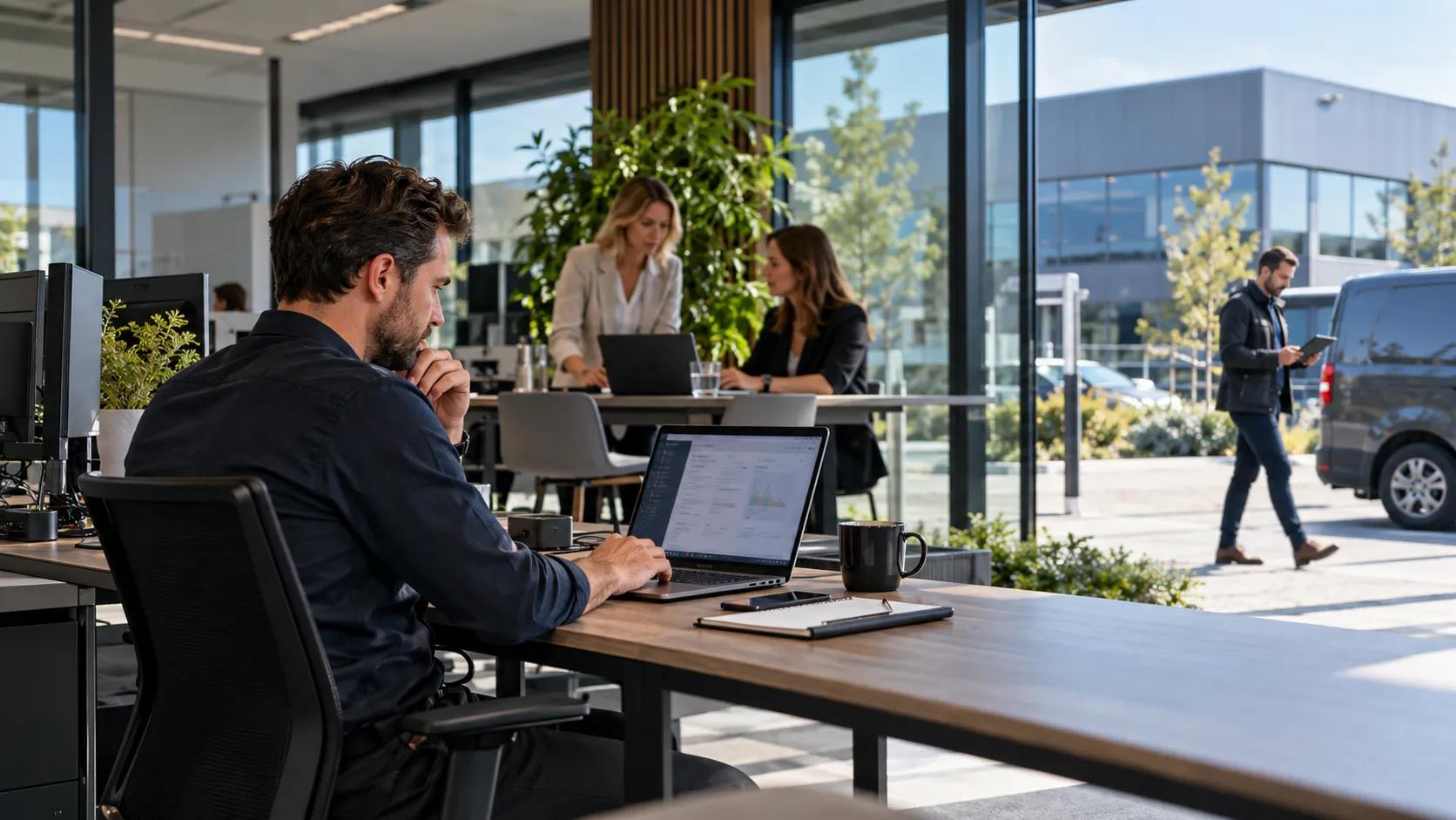 Medewerkers werken met laptops op kantoor en onderweg
