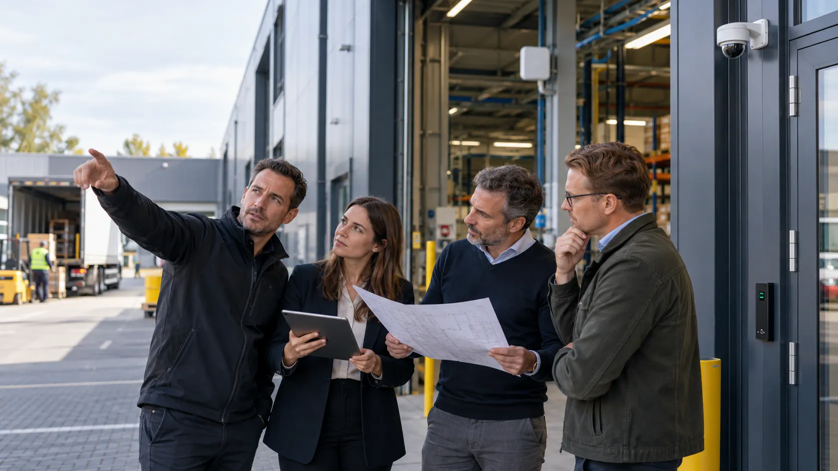 Team bespreekt een bedrijfslocatie met een tablet en een plattegrond