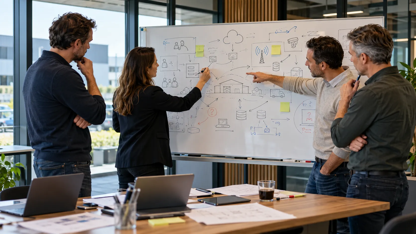 Team brengt een vraagstuk in kaart op een whiteboard