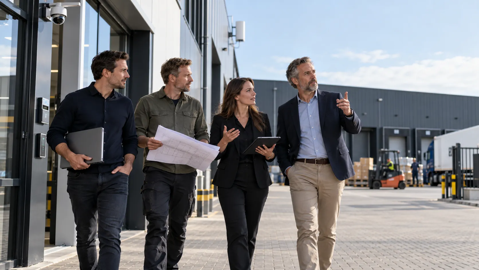 Vier collega's lopen samen over een bedrijfsterrein met documenten en een tablet