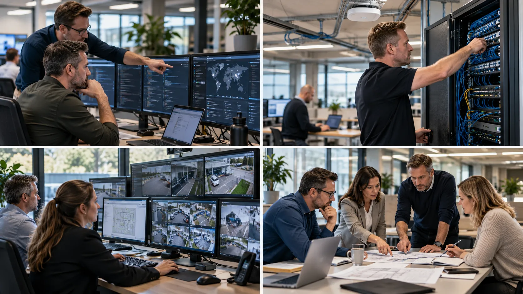 Collage van vier teams aan het werk: netwerkbeheer, serverruimte, camerabeelden en advies aan tafel