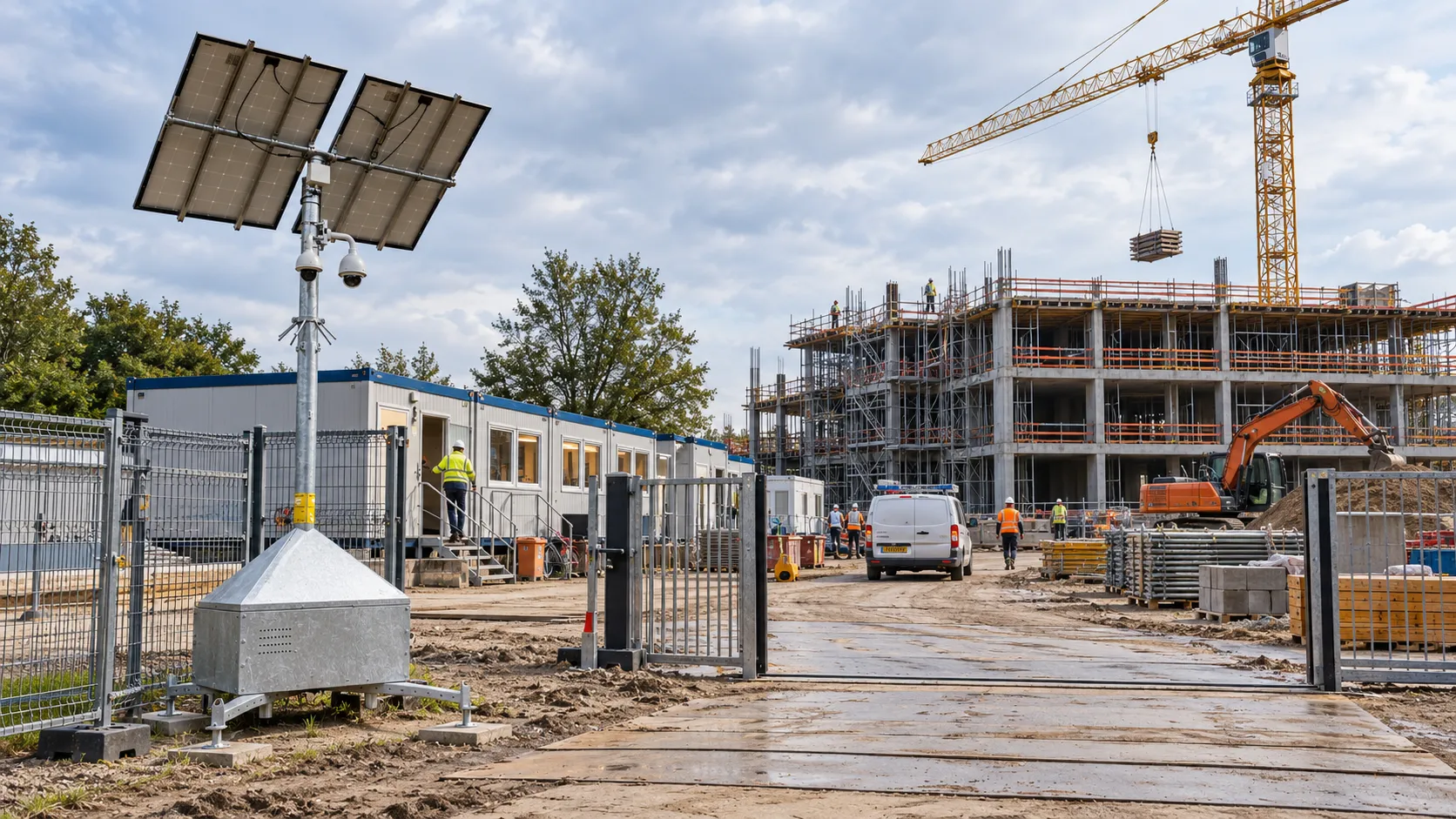 Bouwplaats met een mobiele camera-unit op zonne-energie, bouwketen en een bouwkraan