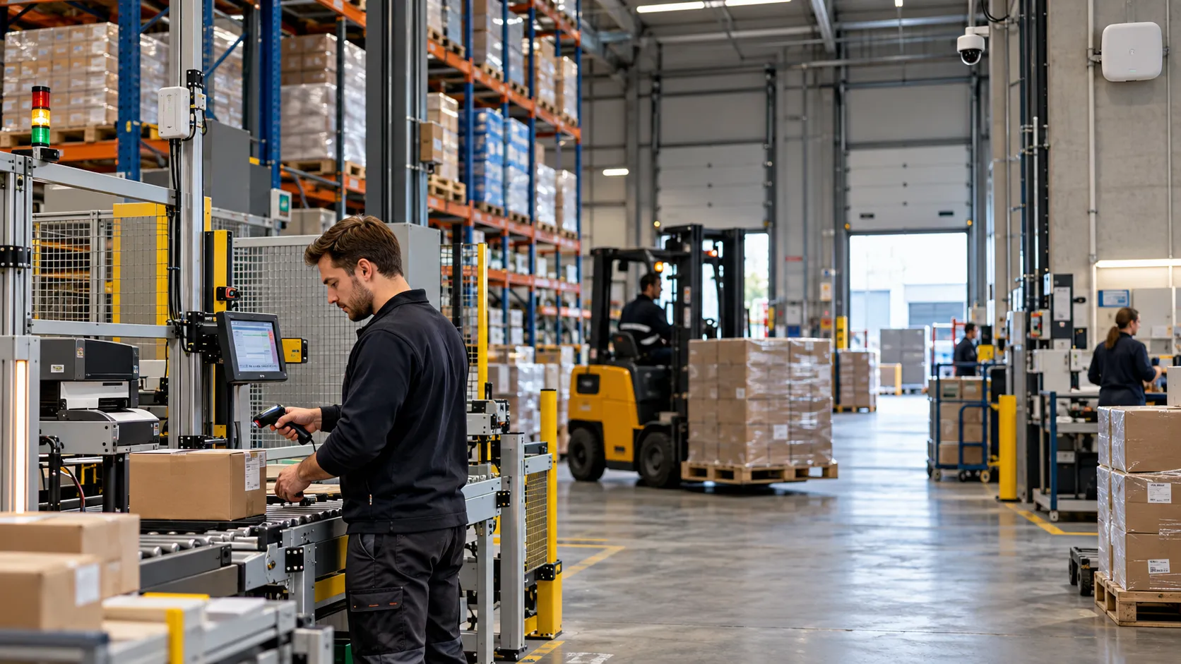 Magazijn met een medewerker aan een werkplek met scanner, een heftruck en stellingen