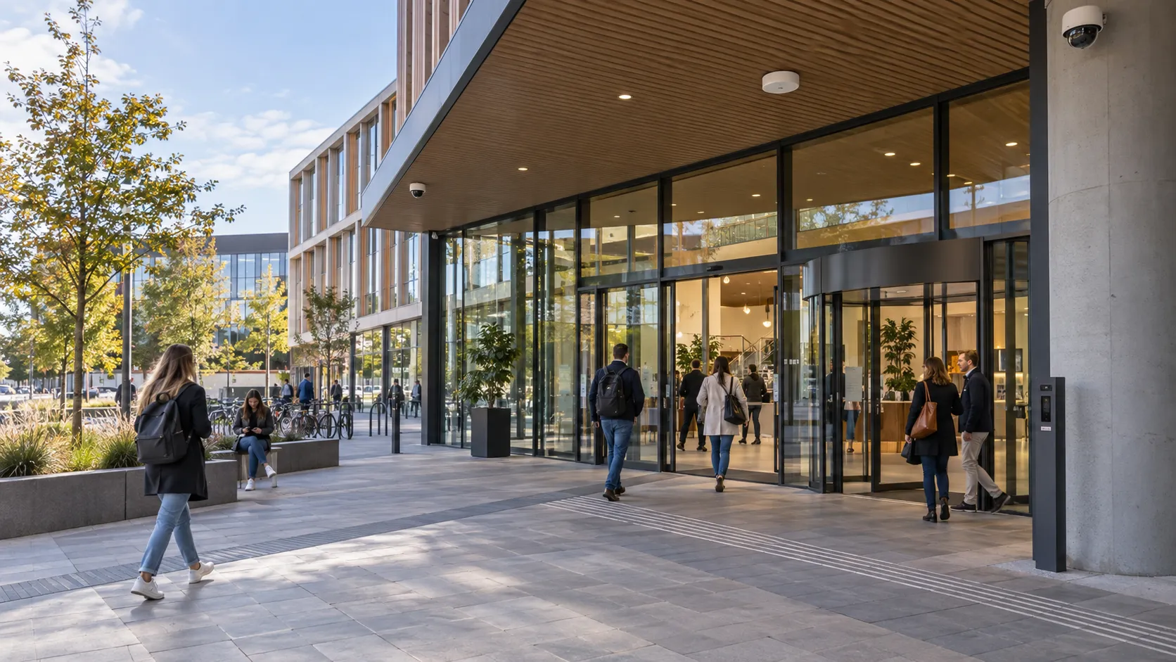 Publiek gebouw met glazen entree, een beveiligingscamera en voorbijgangers