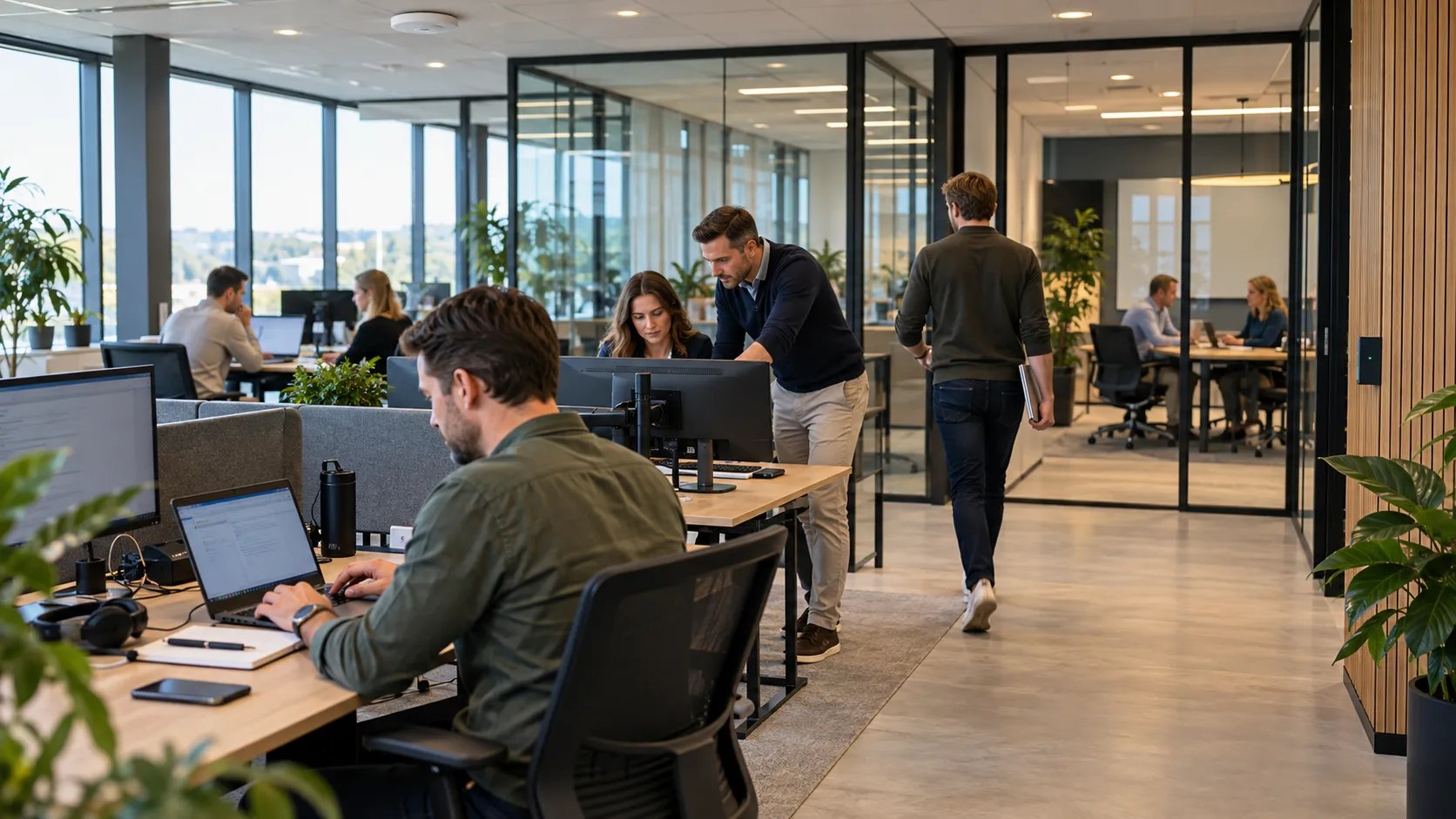 Kantooromgeving met medewerkers aan bureaus en in een glazen vergaderruimte