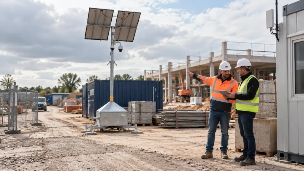 Twee bouwplaatsmedewerkers in werkkleding overleggen naast een mobiele camera-unit op zonnepanelen, met containers, bouwmaterialen en een gebouw in aanbouw