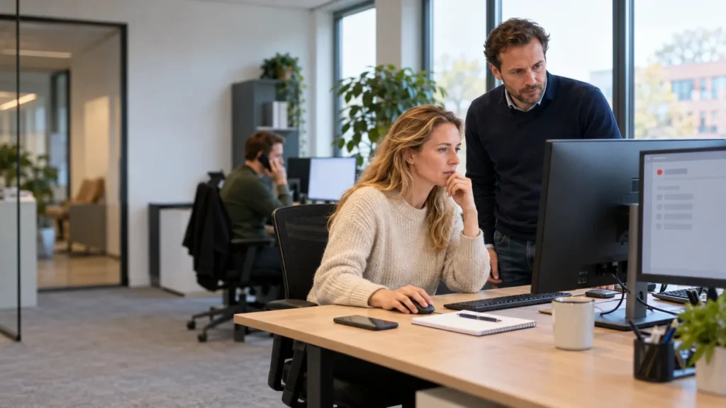 Medewerker kijkt geconcentreerd naar een beeldscherm met een foutmelding terwijl een collega meekijkt op kantoor