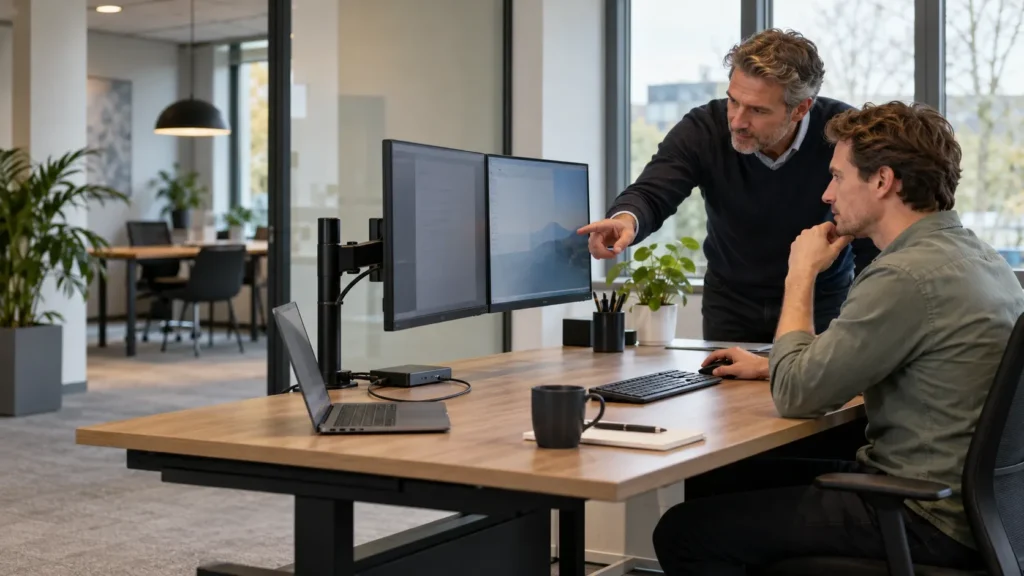 IT-specialist wijst een collega iets aan op twee beeldschermen aan een werkplek met laptop en dockingstation