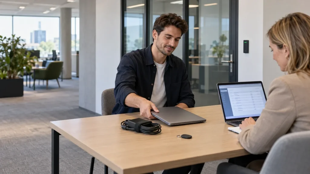 Vertrekkende medewerker levert zijn laptop, oplader en toegangstag in bij een collega die de overdracht in een systeem bijhoudt