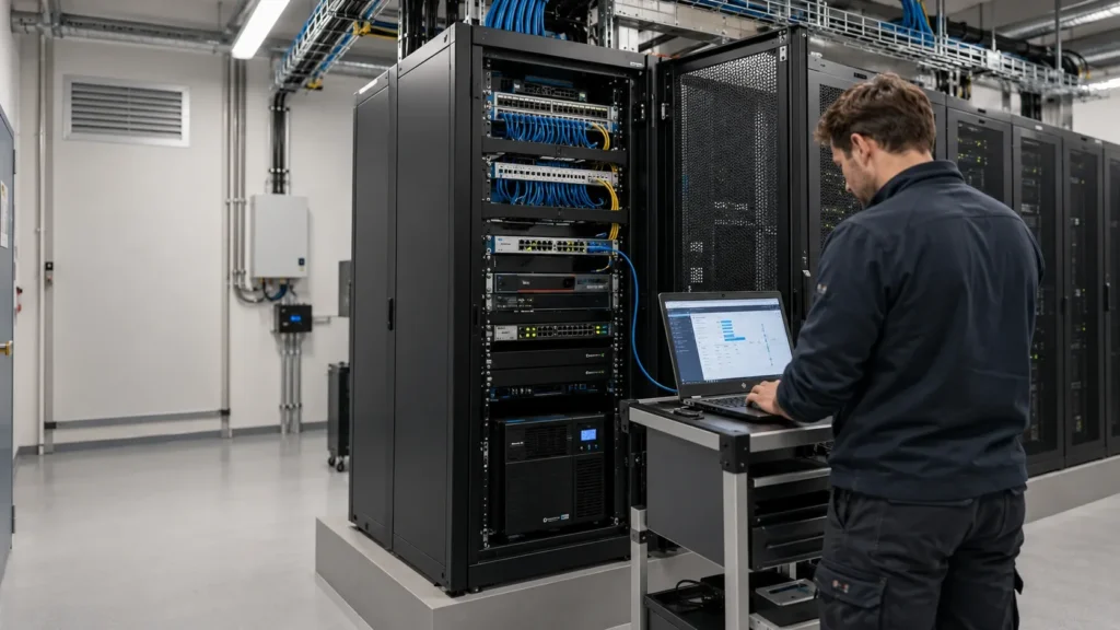 Technicus werkt op een laptop naast een geopende serverkast met switches, patchkabels en netwerkapparatuur
