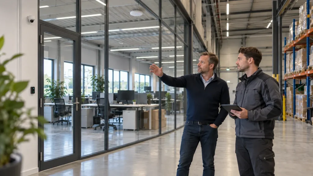 Twee mannen lopen door een nieuw bedrijfspand en bespreken de inrichting van kantoor en magazijn, met een accesspoint, camera en toegangslezer bij de glazen wand
