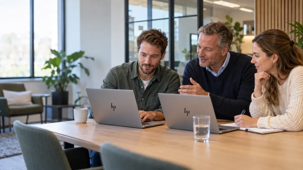Drie collega's aan een vergadertafel op kantoor bekijken samen iets op twee laptops, een van hen maakt aantekeningen