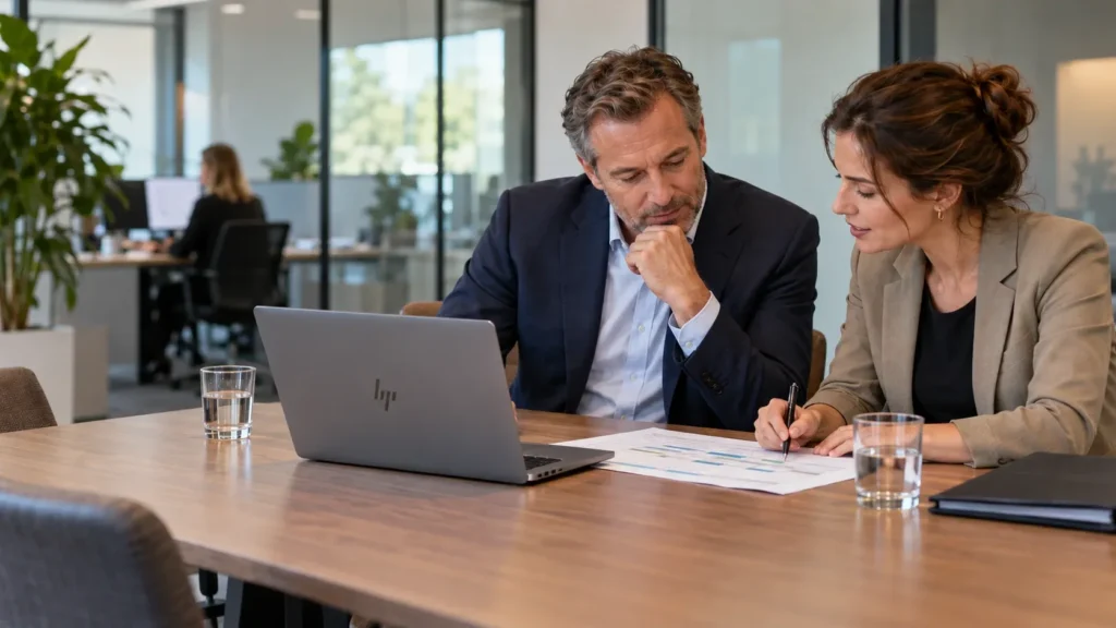 Twee collega's aan een vergadertafel bespreken een planningsoverzicht op papier naast een laptop