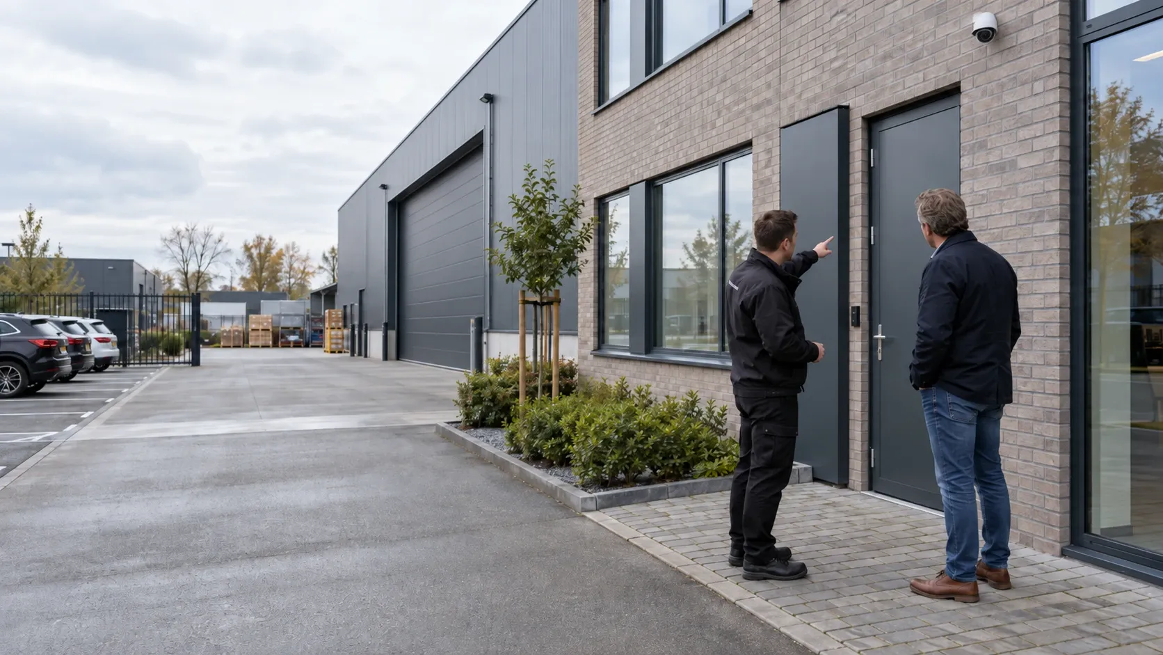Twee mannen bespreken bij de entree van een bedrijfspand de plek van camera en toegangslezer, met een bedrijfshal en een afgesloten terrein ernaast