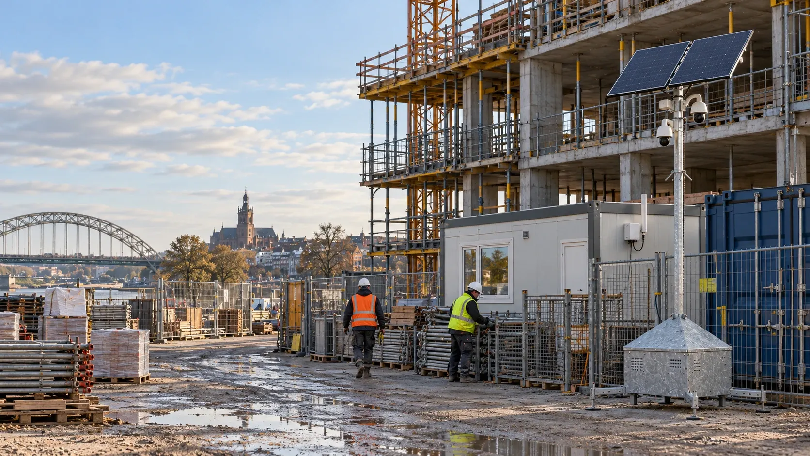 Bouwplaats in Nijmegen met een camera-unit op zonne-energie naast de bouwkeet, met de Waalbrug en de Stevenskerk op de achtergrond