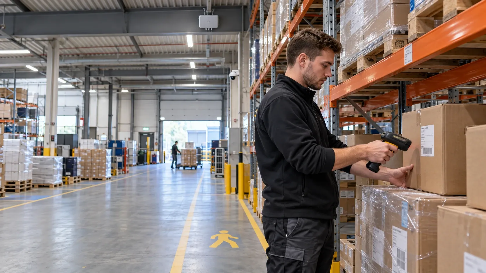 Magazijnmedewerker scant een doos in een stellingpad, met een accesspoint en een camera aan het plafond van de hal