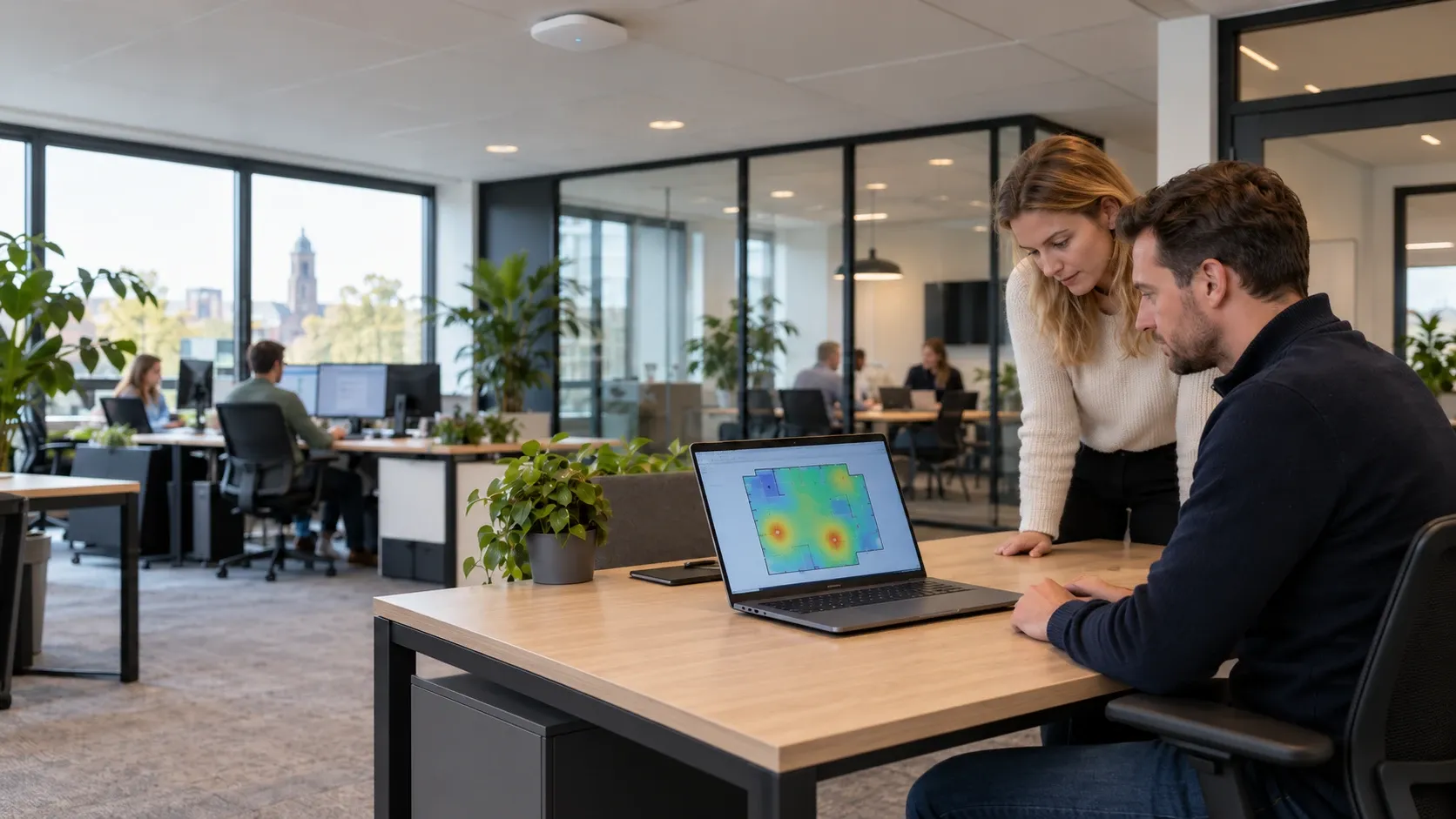 Twee collega's bekijken een wifi-dekkingskaart op een laptop in een kantoor in Arnhem, met een accesspoint aan het plafond