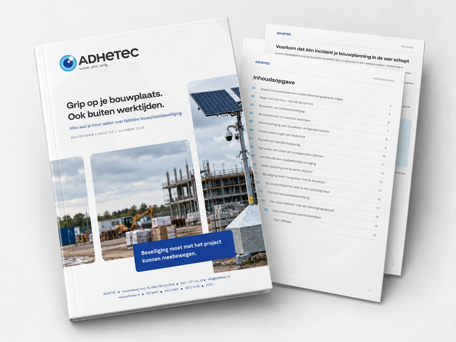 Voorblad en inhoudsopgave van de whitepaper Grip op je bouwplaats. Ook buiten werktijden. van Adhetec