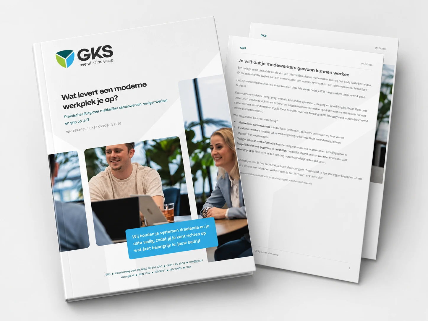 Voorblad en binnenpagina's van de whitepaper Wat levert een moderne werkplek je op? van GKS